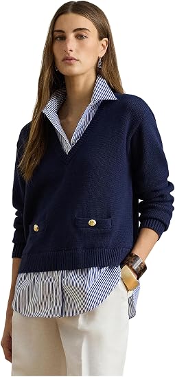 Layered Button-Trim Cotton Sweater