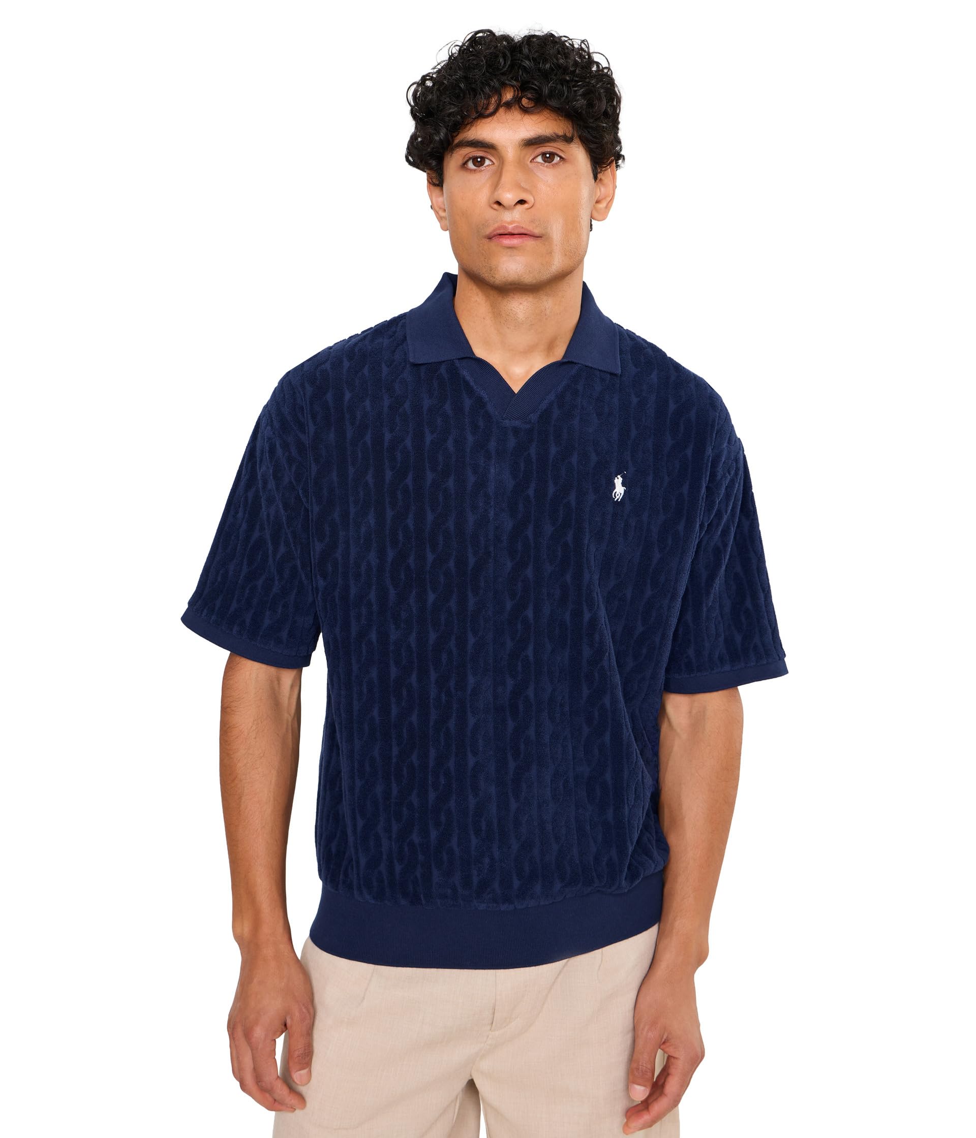 Relaxed Fit Cable-knit Terry Polo Shirt