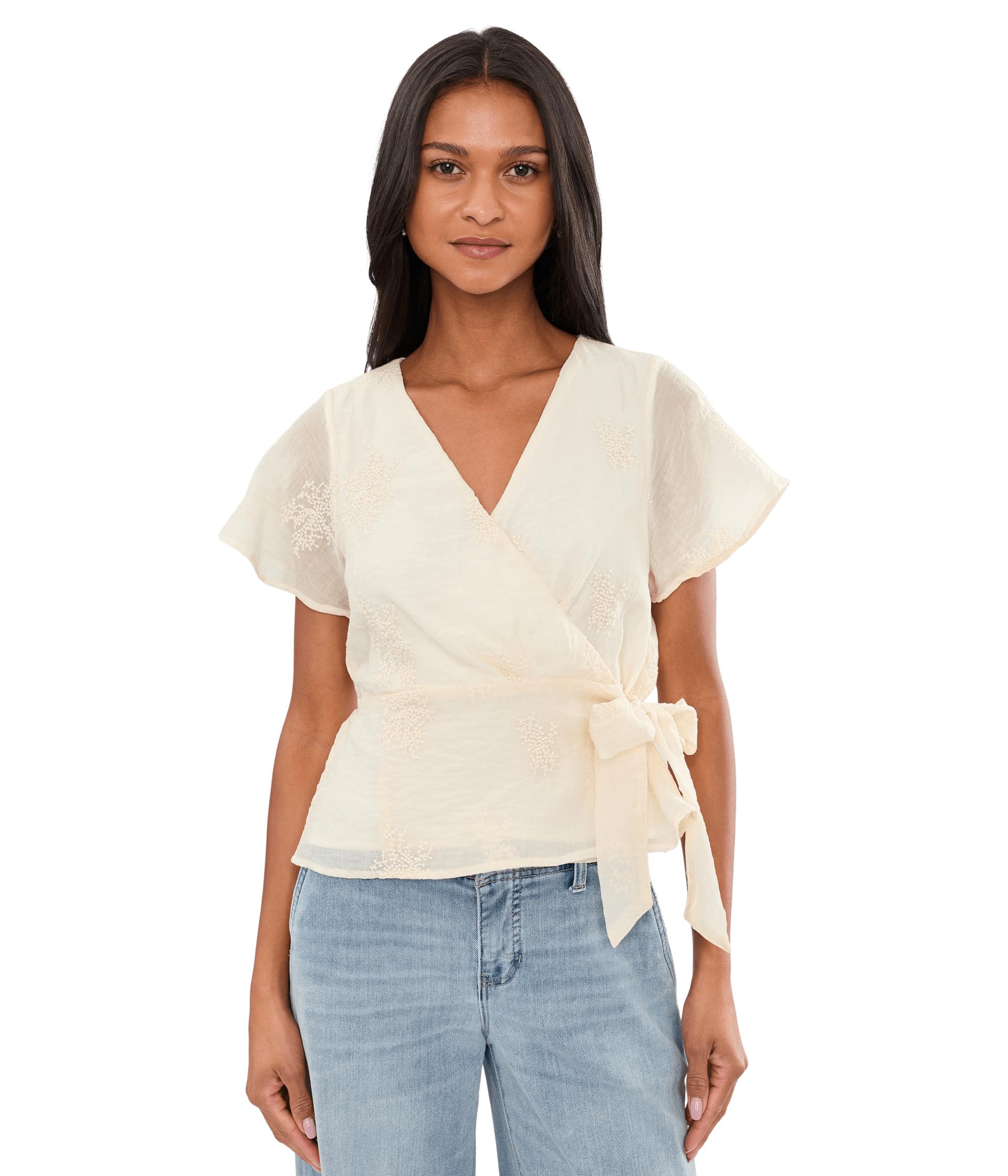 Petite Short Sleeve Wrap Front Woven Top with Tie
