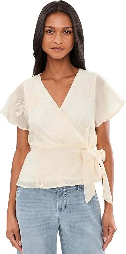 Petite Short Sleeve Wrap Front Woven Top with Tie