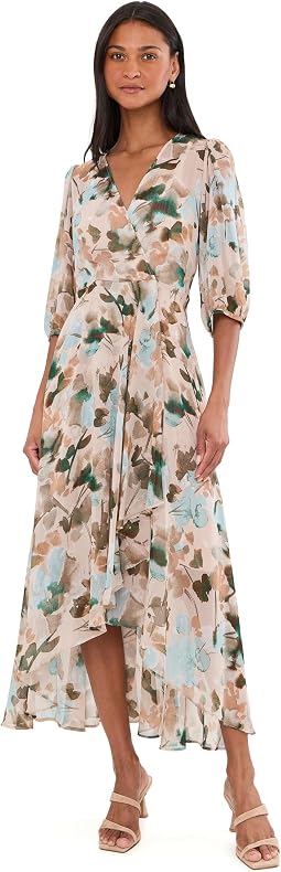 3/4 Sleeve Floral Chiffon High-Low Midi