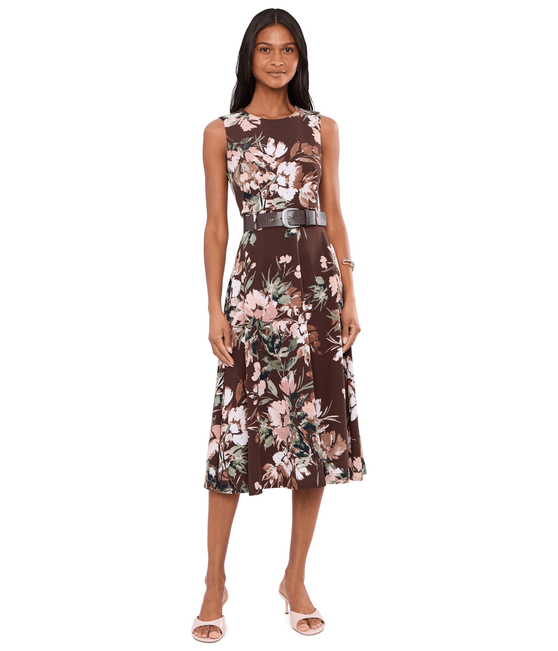 Sleeveless Scuba Crepe Floral Belted A-Line