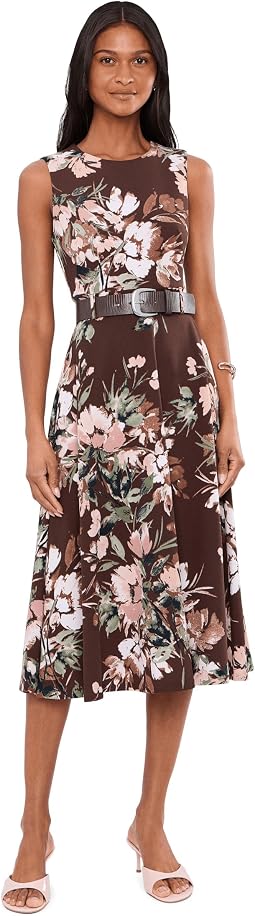 Sleeveless Scuba Crepe Floral Belted A-Line