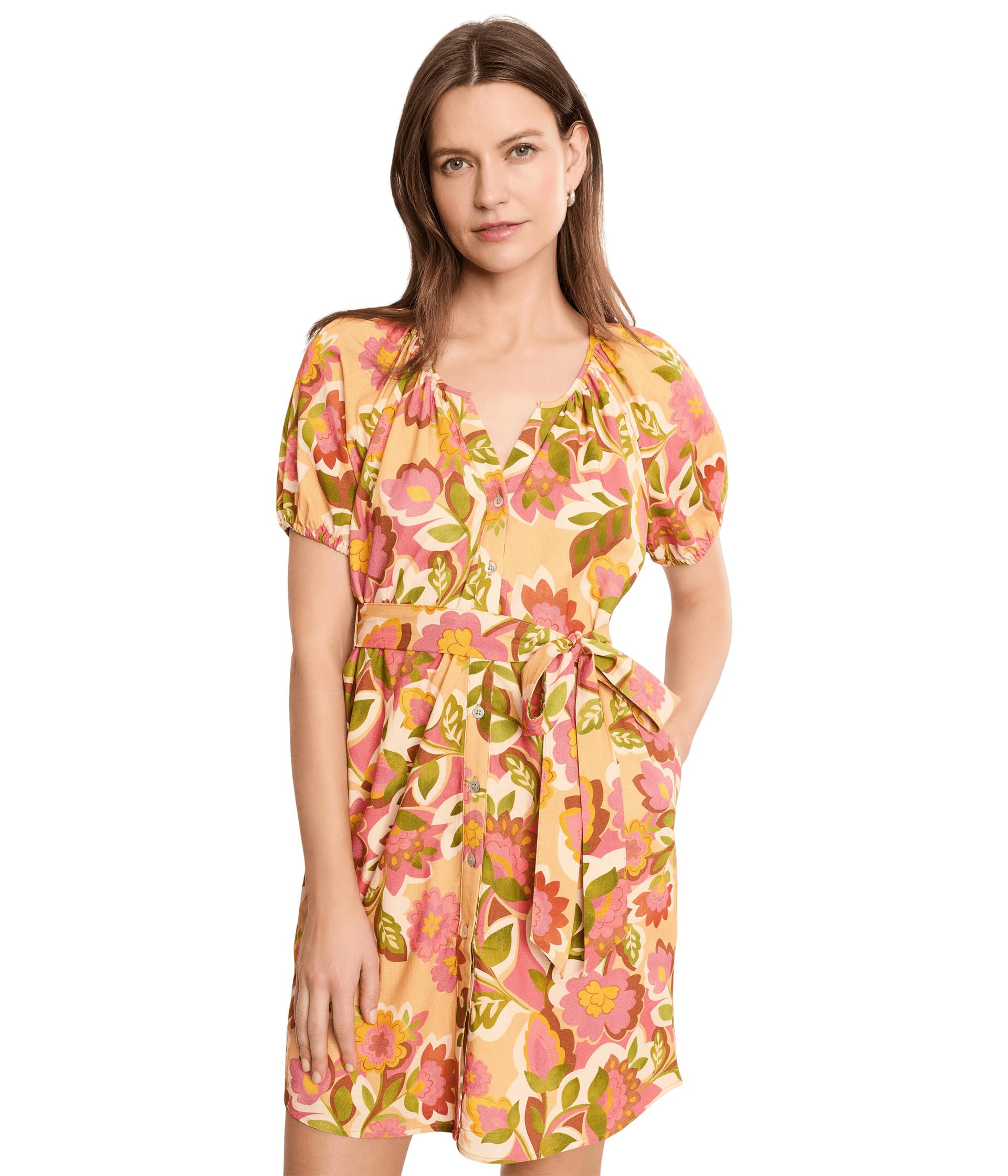 Short Sleeve Shirred Button Front Woven Dress with Pockets