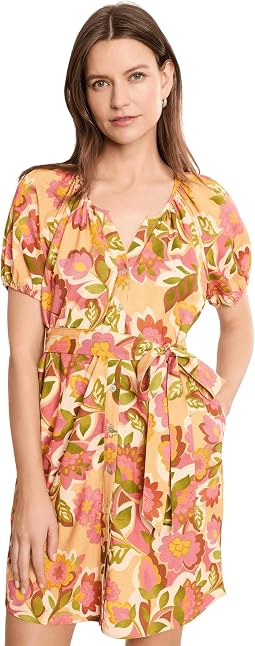 Short Sleeve Shirred Button Front Woven Dress with Pockets