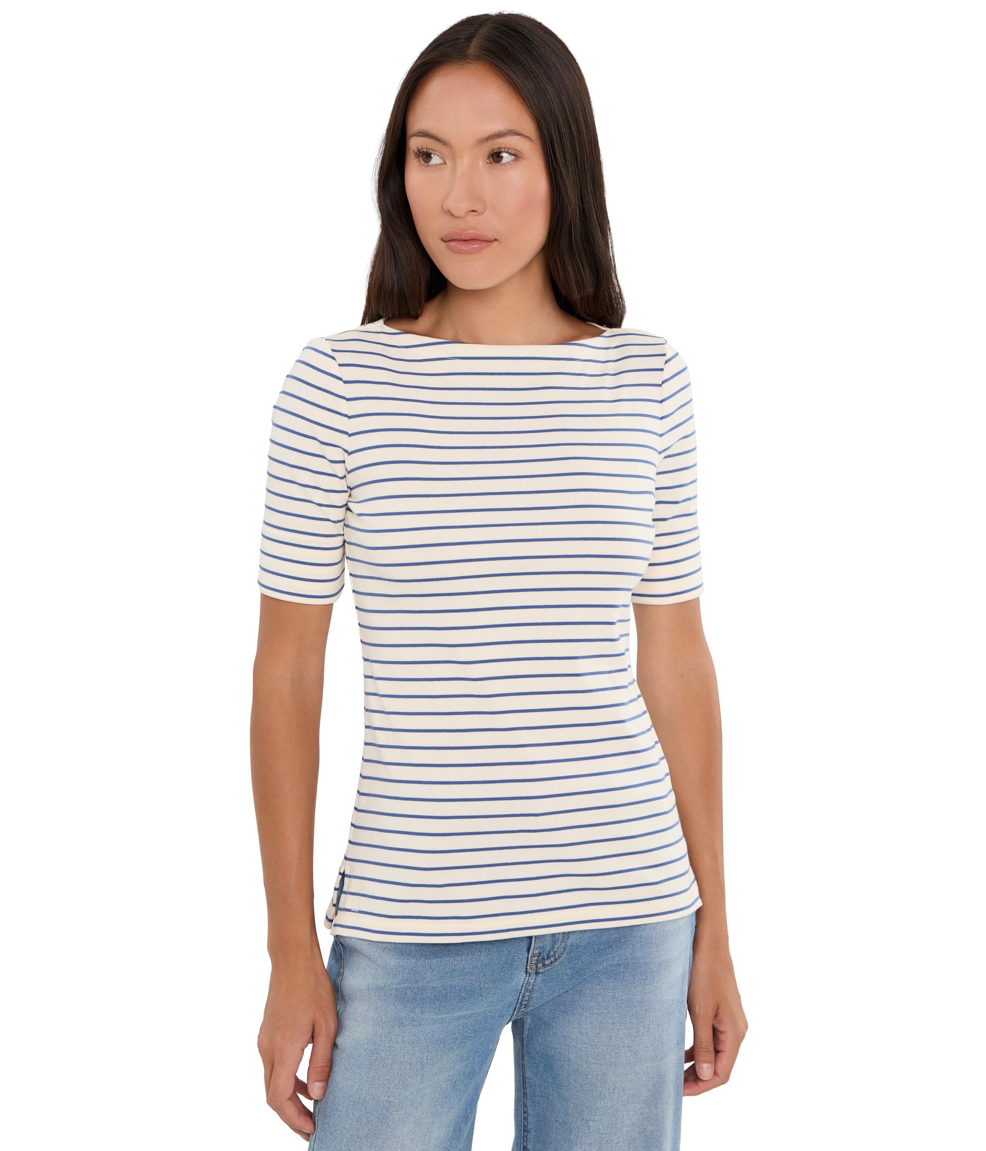 Petite Striped Stretch Cotton Boatneck Tee