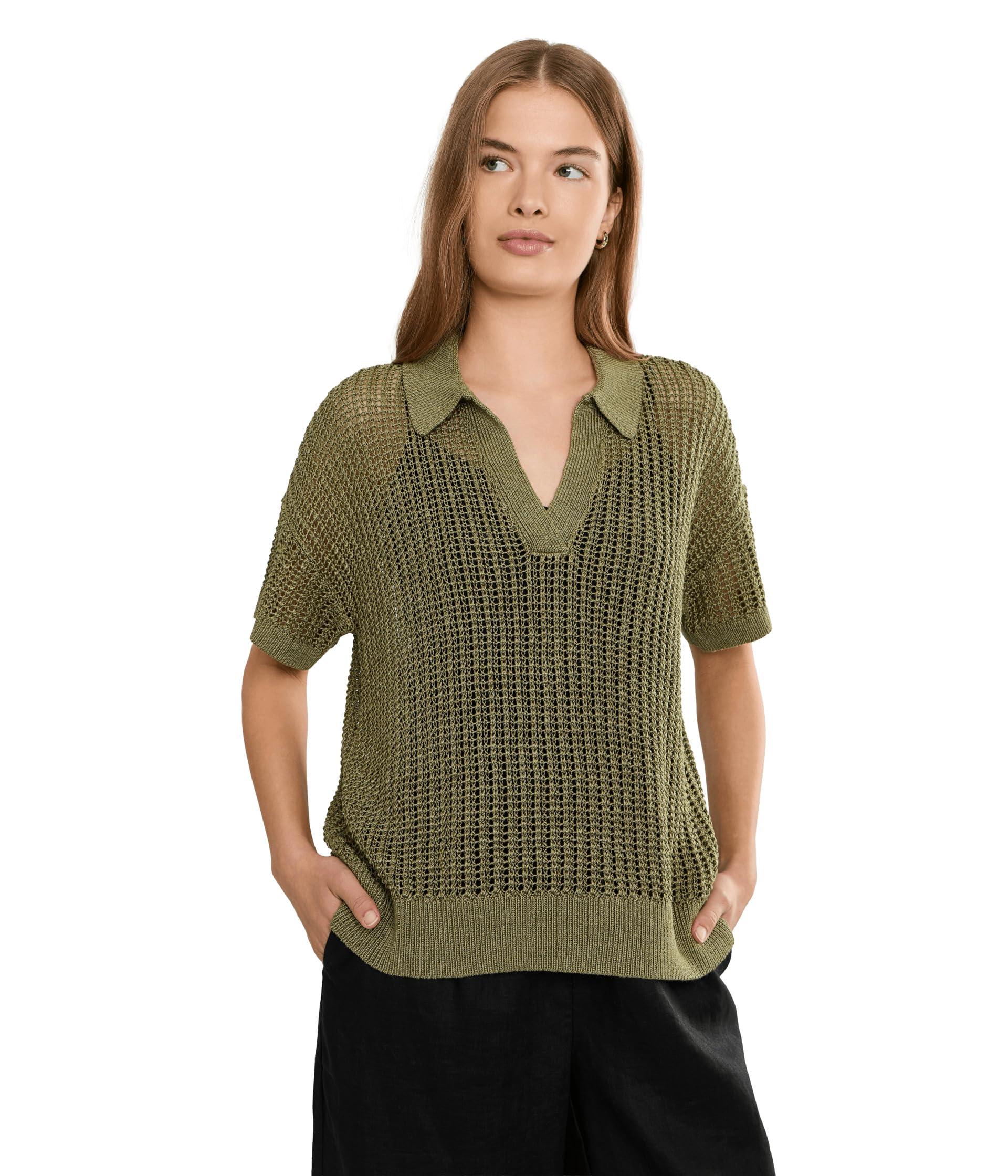 Petite Linen-Blend Mesh Short Sleeve Sweater