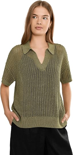 Petite Linen-Blend Mesh Short Sleeve Sweater