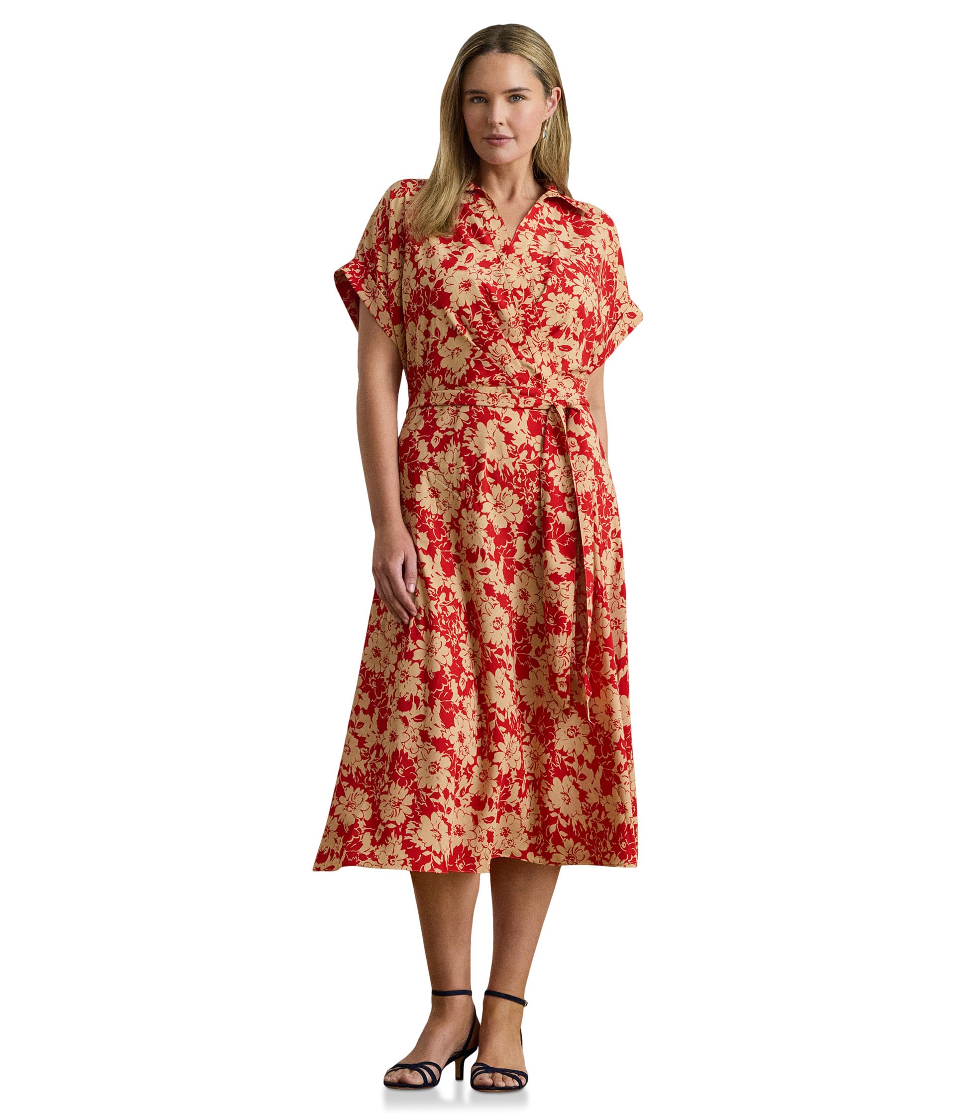 Платье в цветочек с поясом Plus Size
