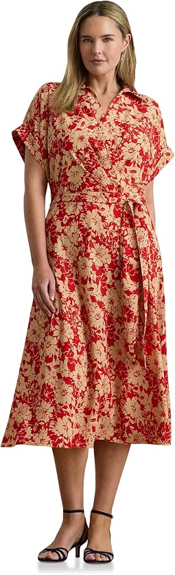 Платье в цветочек с поясом Plus Size