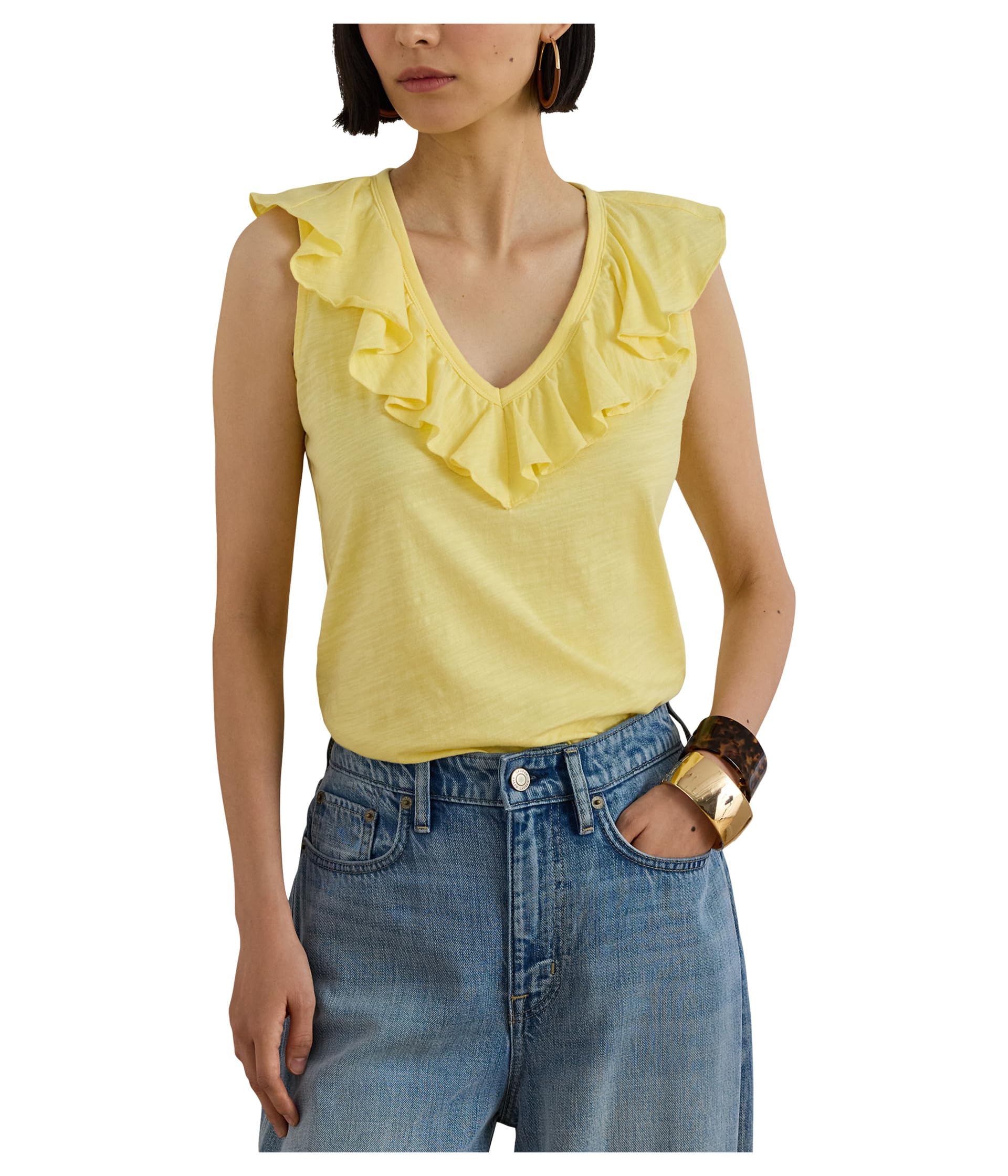 Petite Ruffle-Trim Slub Jersey Sleeveless Top