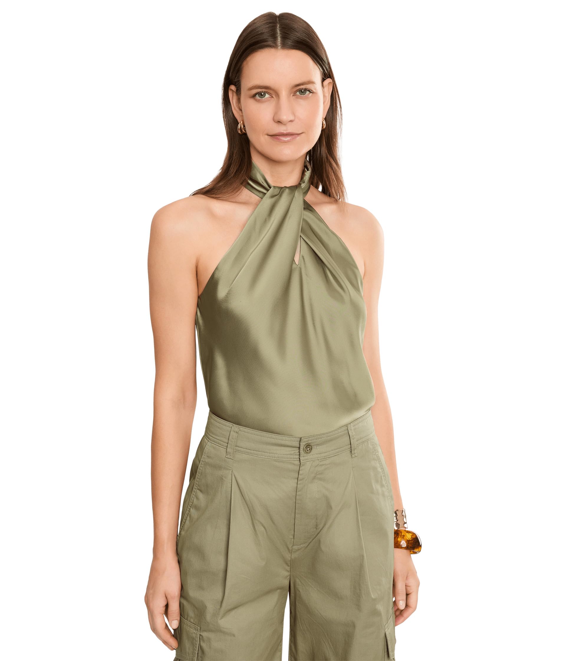 Twist-Front Charmeuse Halter Blouse