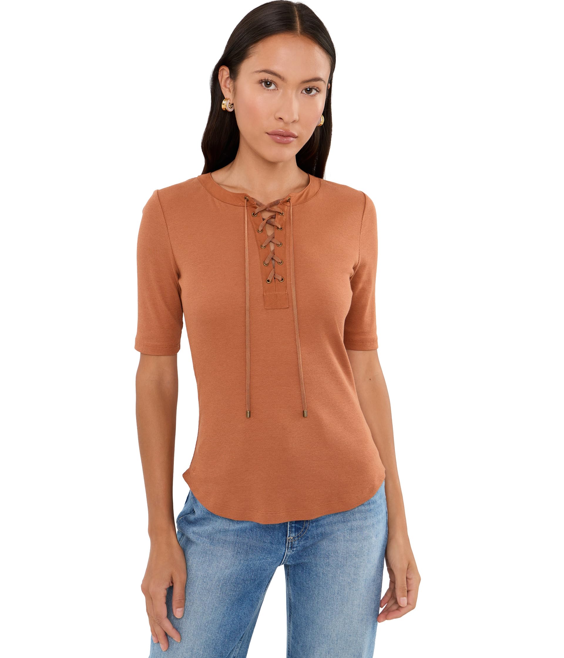 Petite Lace-Up Ribbed Elbow-Sleeve Tee