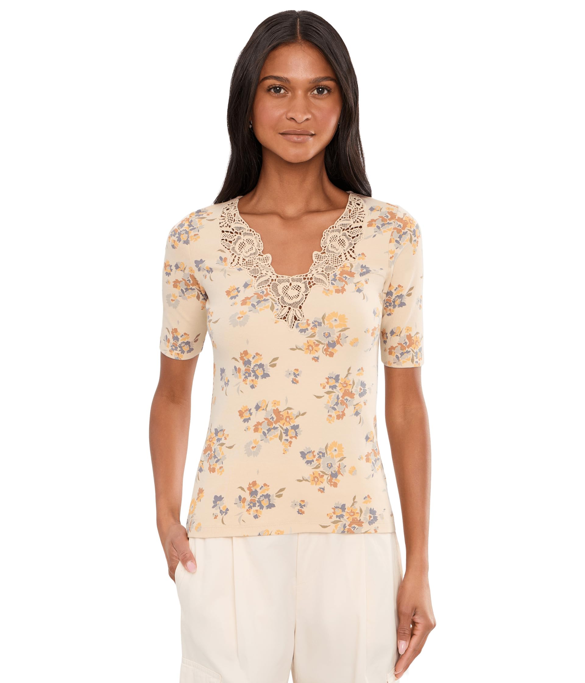 Floral Lace-Trim Rib-Knit Top