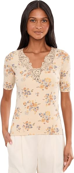 Floral Lace-Trim Rib-Knit Top