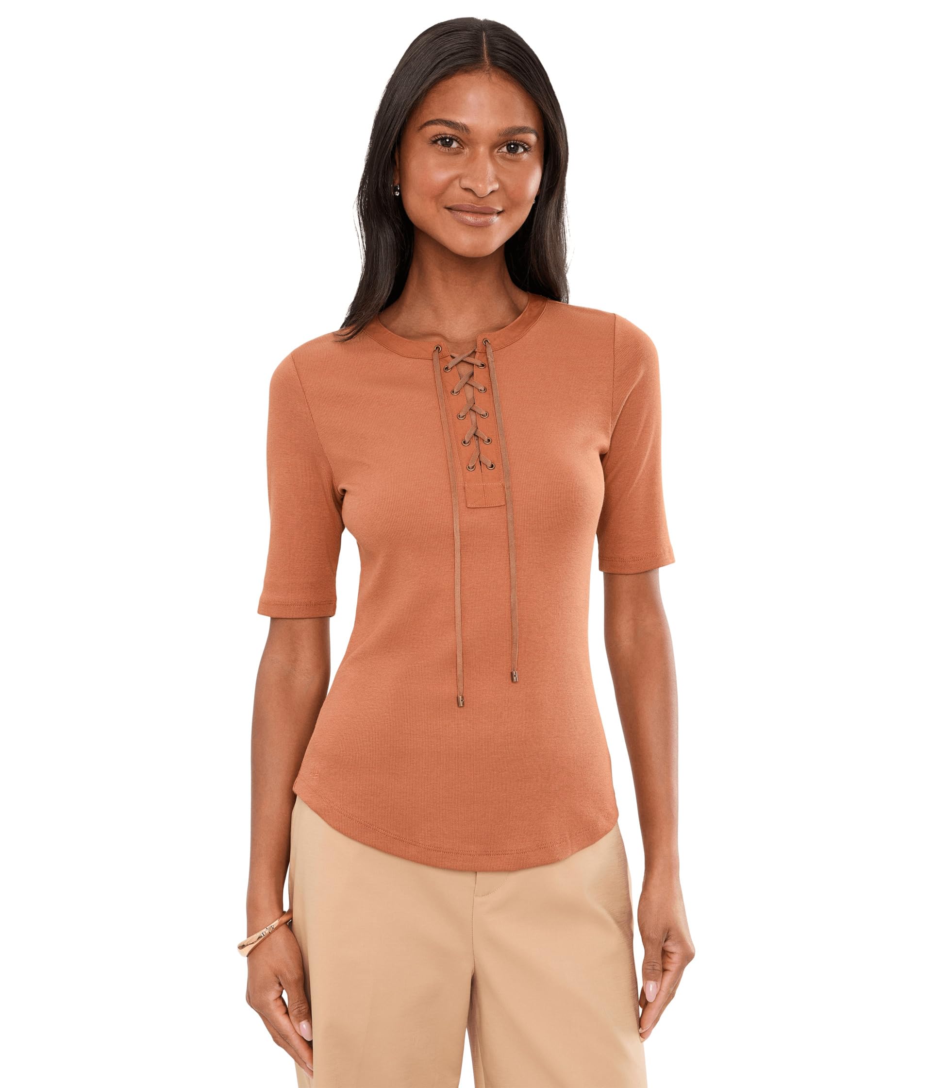 Lace-Up Ribbed Elbow-Sleeve Tee Женский топ