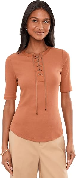 Lace-Up Ribbed Elbow-Sleeve Tee Женский топ