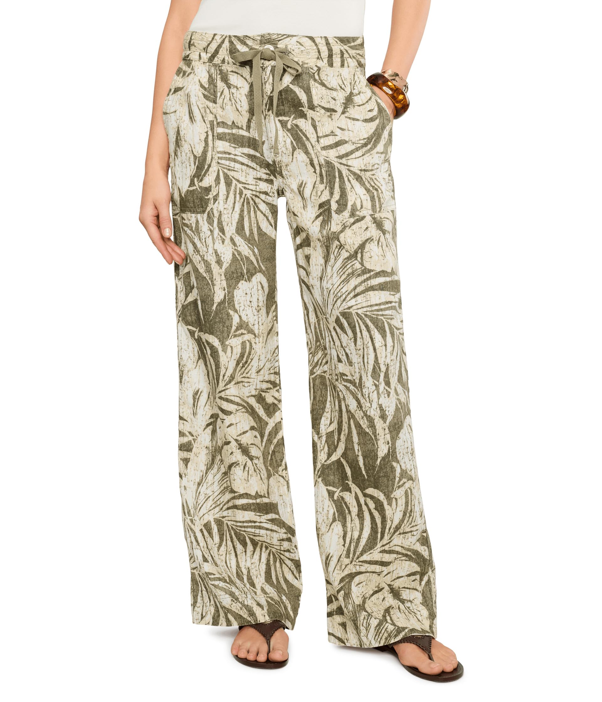 Palm-Frond-Print Linen Wide-Leg Pants