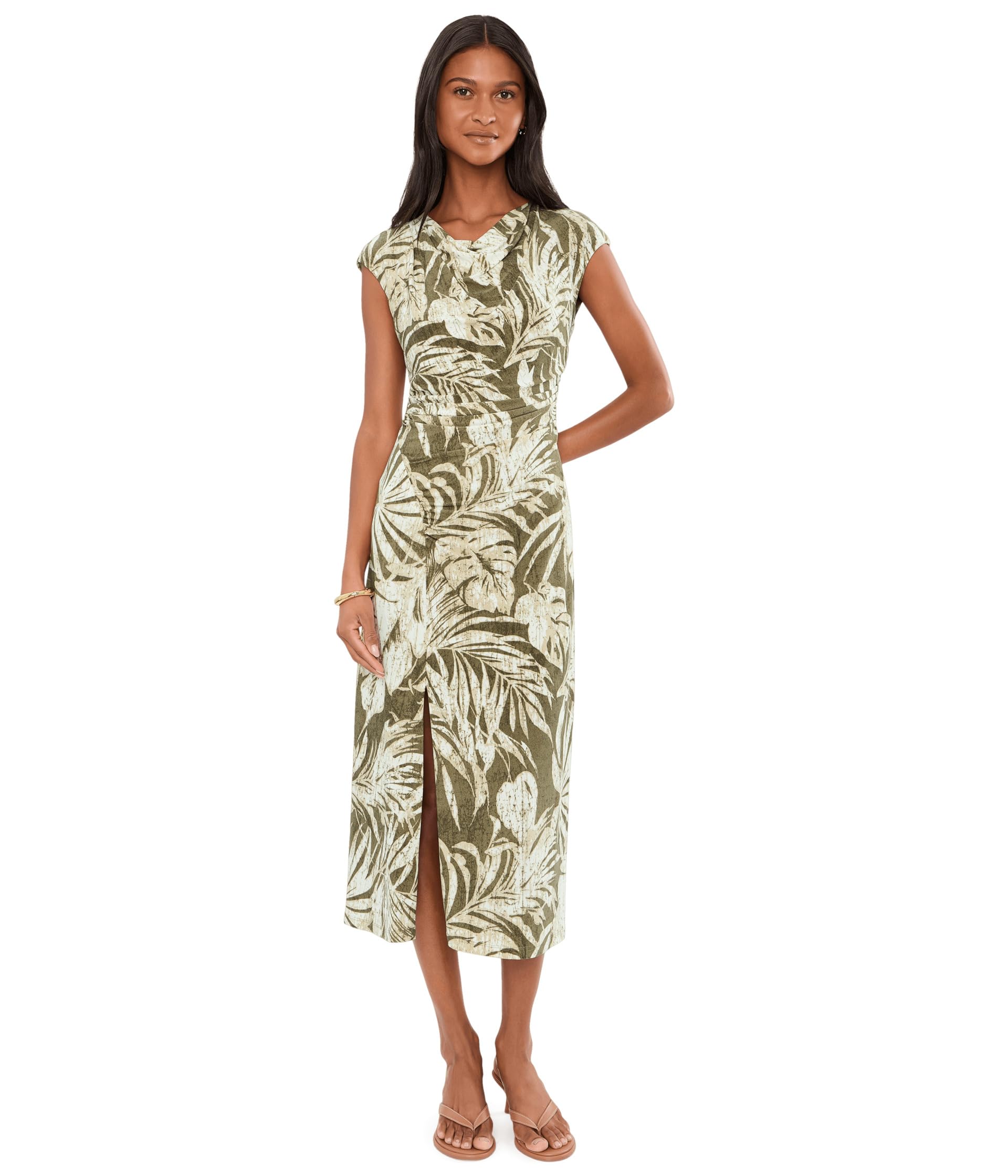 Palm-Frond-Print Jersey Cowl Neck Dress