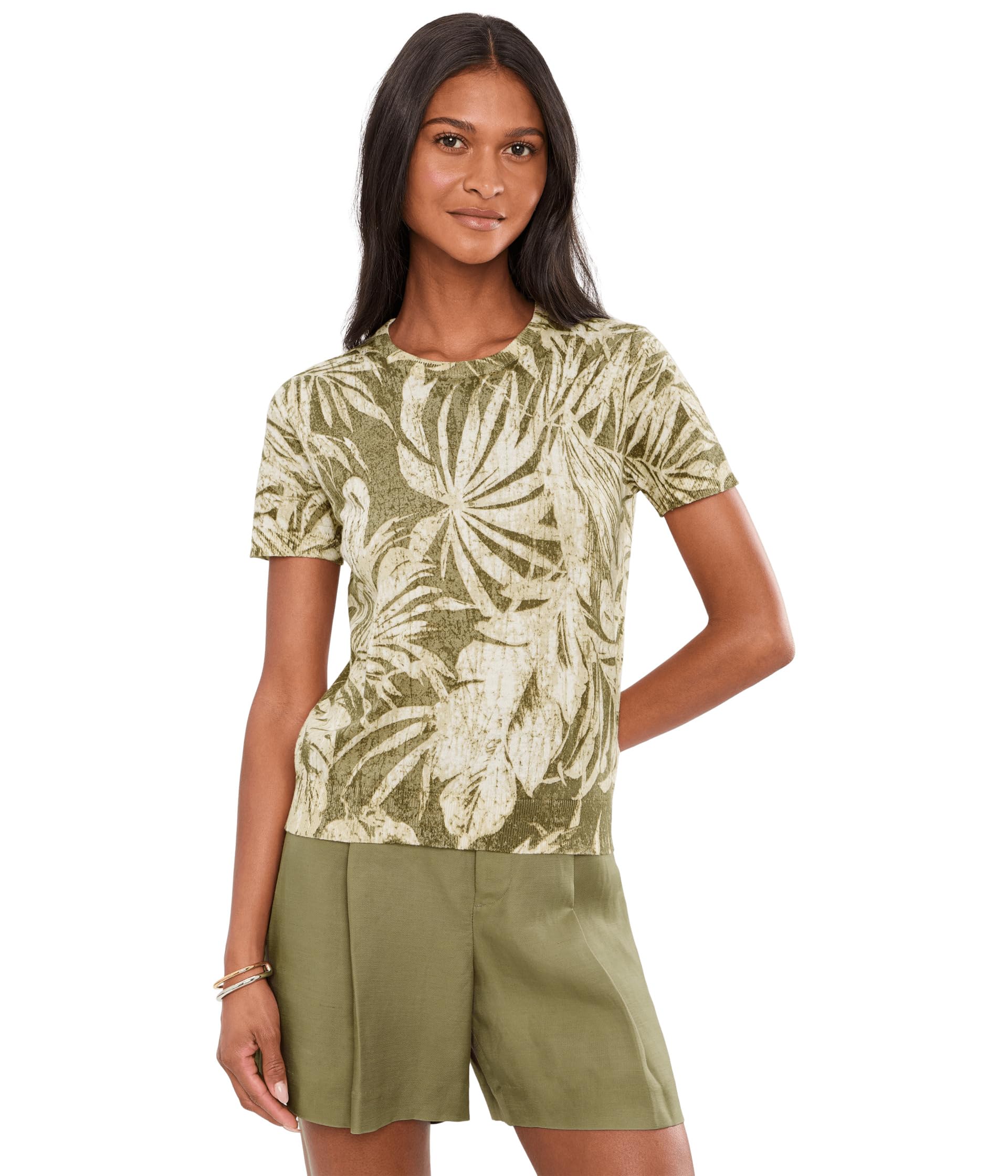 Palm-Frond-Print Short Sleeve Sweater