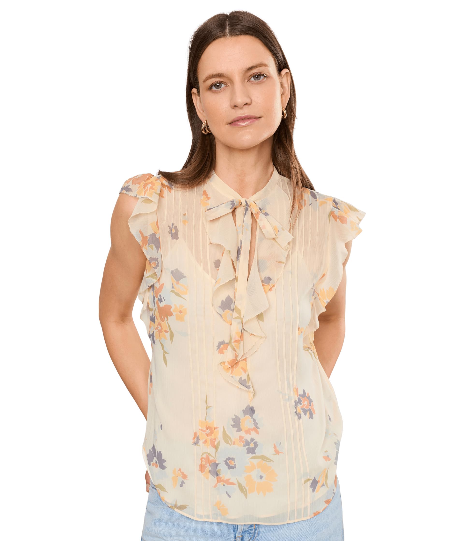 Floral Pintucked Tie Neck Blouse