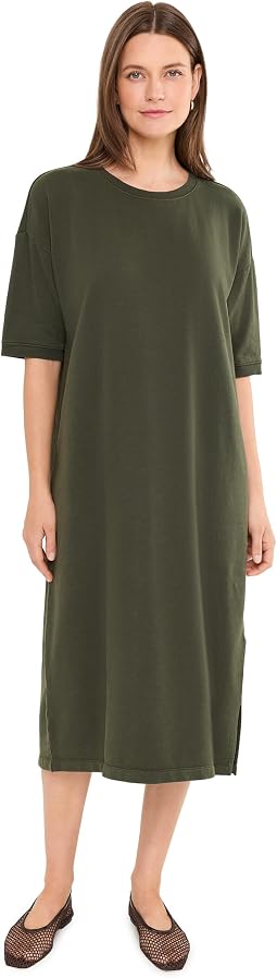 Garment Dyed Terry Crew Neck Calf Length Dress