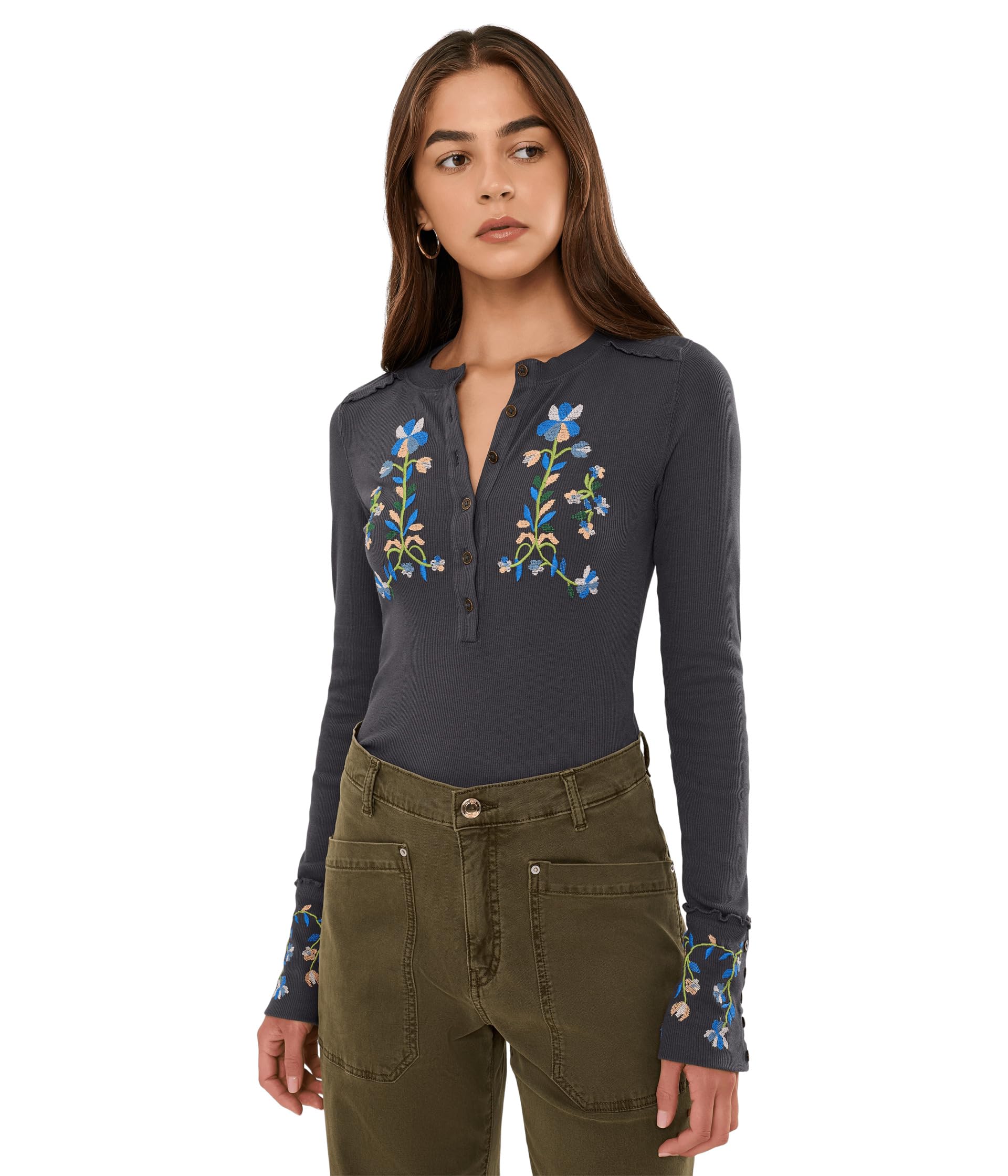Футболка Fleur Embroidered Cuff Henley