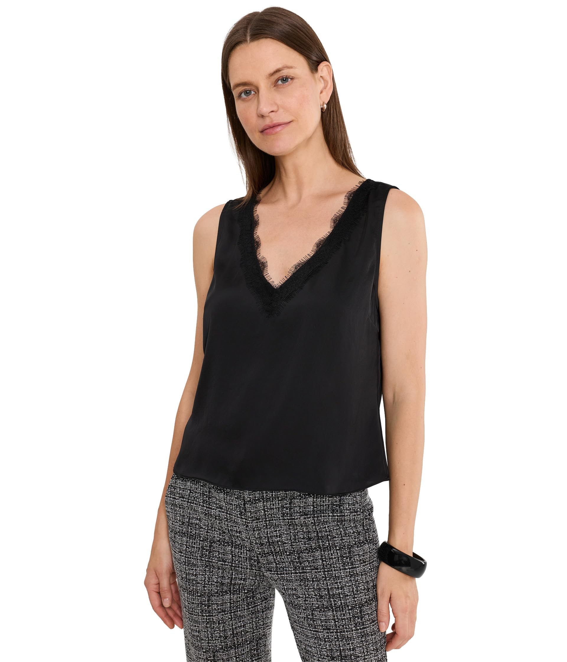 V-Neck Woven Tank with Lace Trim