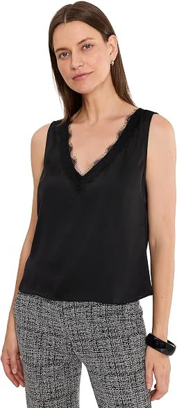V-Neck Woven Tank with Lace Trim