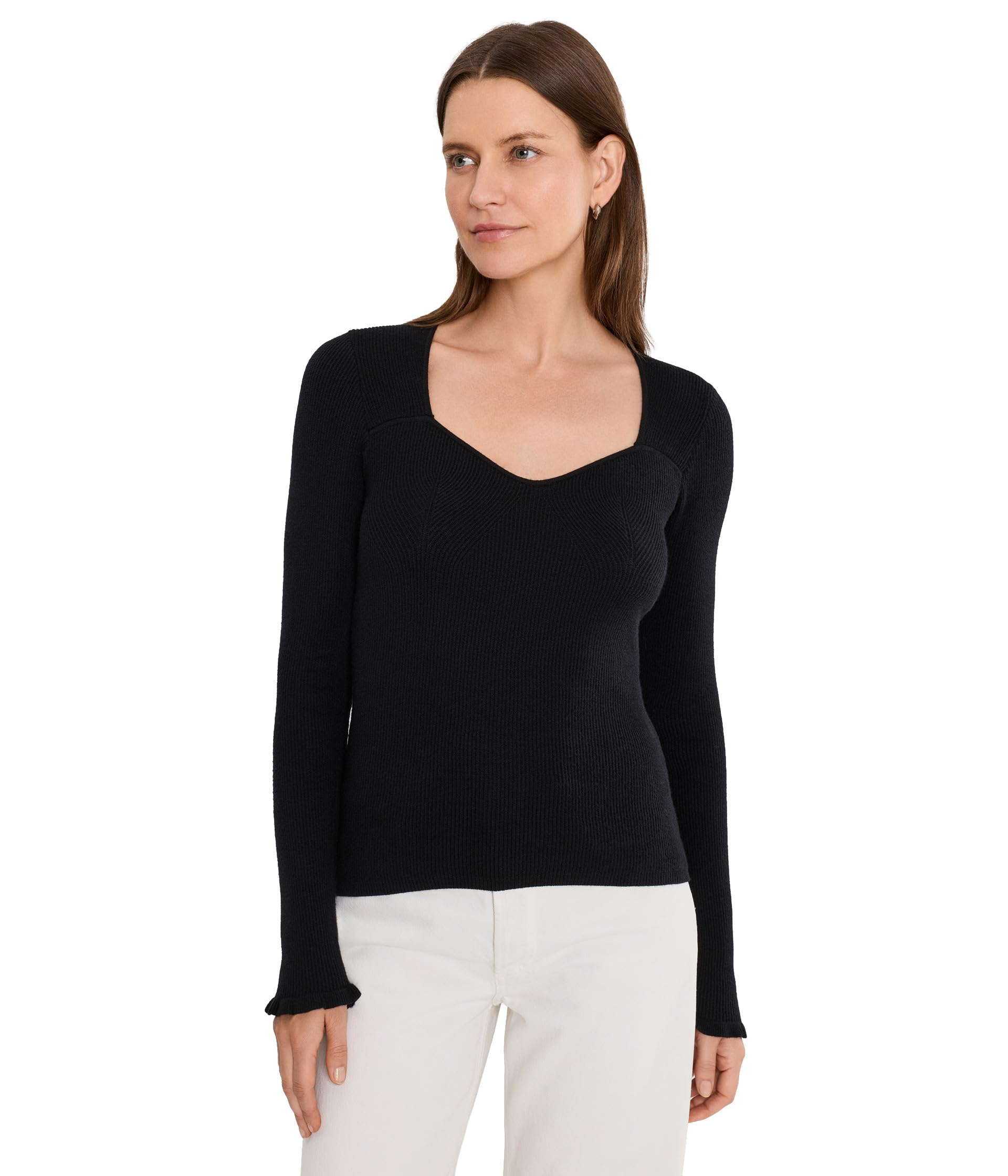 Long Sleeve Sweetheart Neck Sweater w/ Ruffle