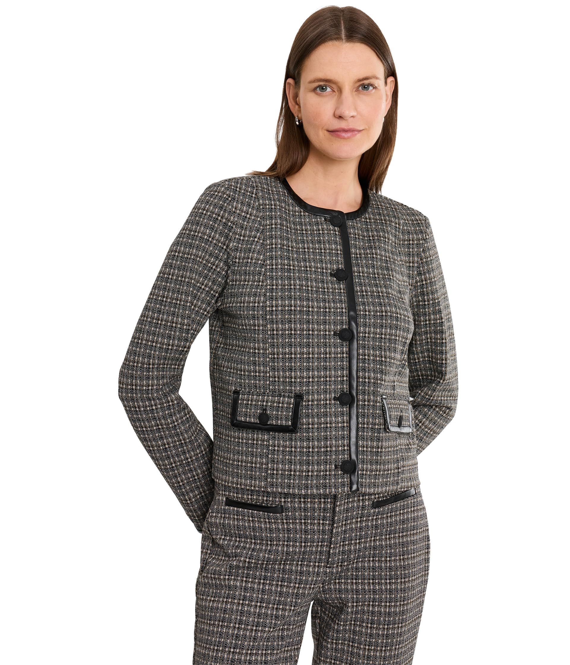 Collarless Lady Jacket w/ Faux Leather Trim