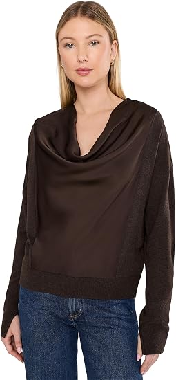 Long Sleeve Drape Neck Woven Sweater Hybrid