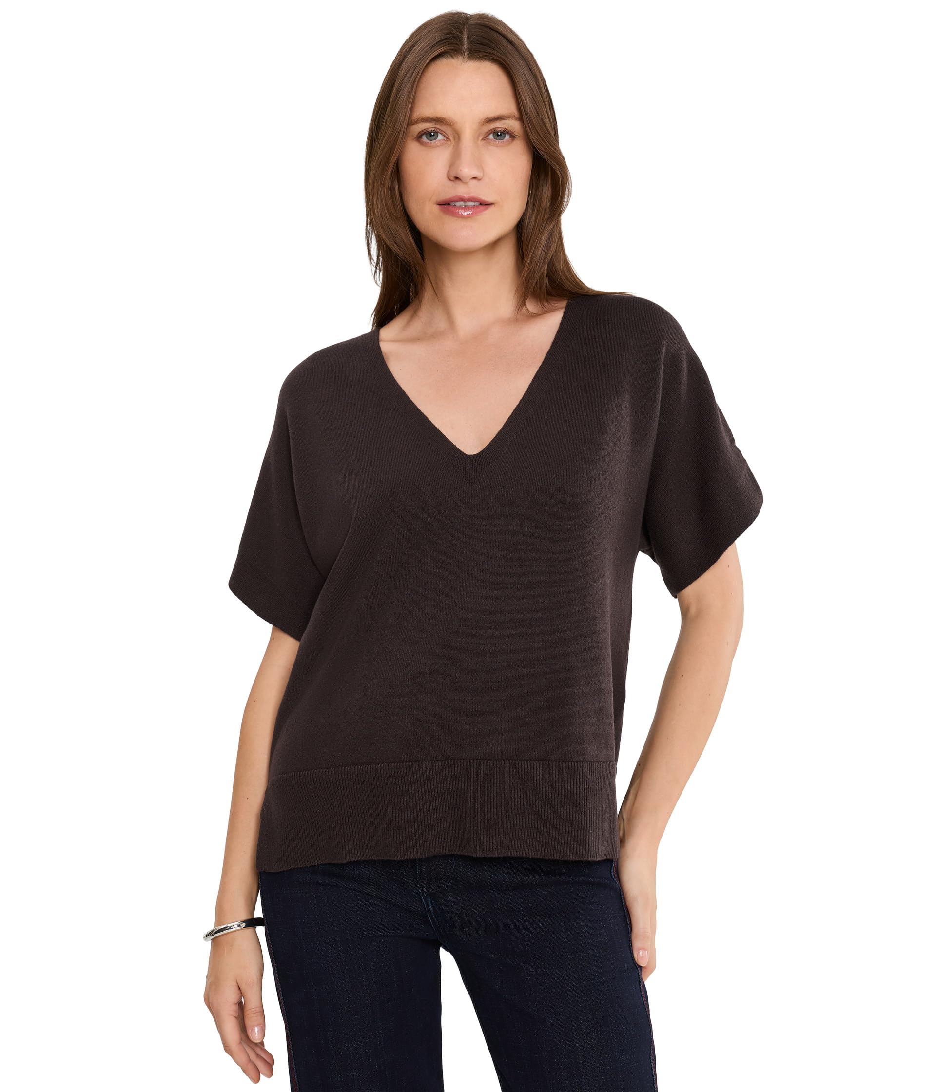 Short Sleeve V-Neck Dolman Popover Sweater w/ Step Hem