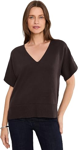 Short Sleeve V-Neck Dolman Popover Sweater w/ Step Hem