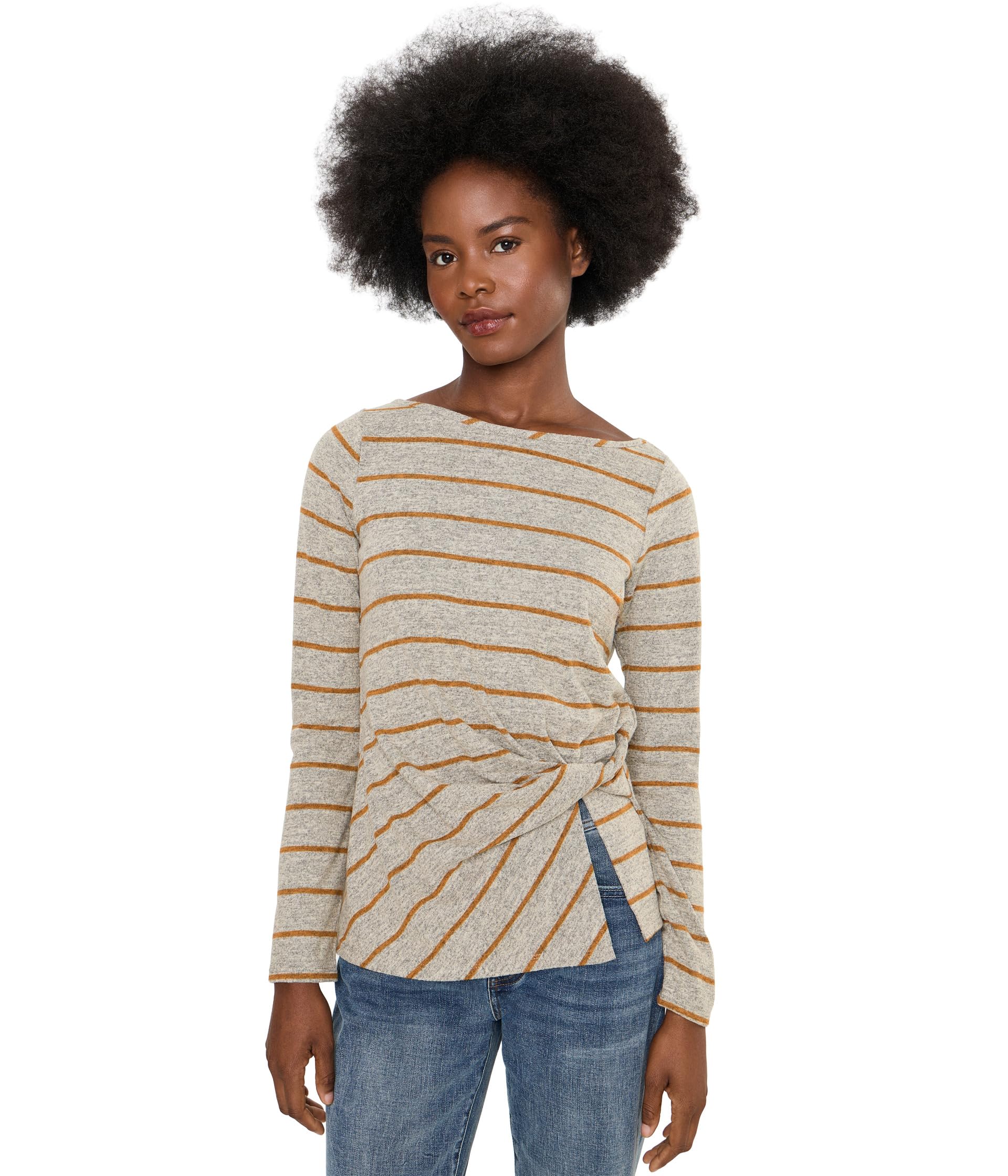 Long Sleeve Boatneck Knit Top w/ Twist Detail