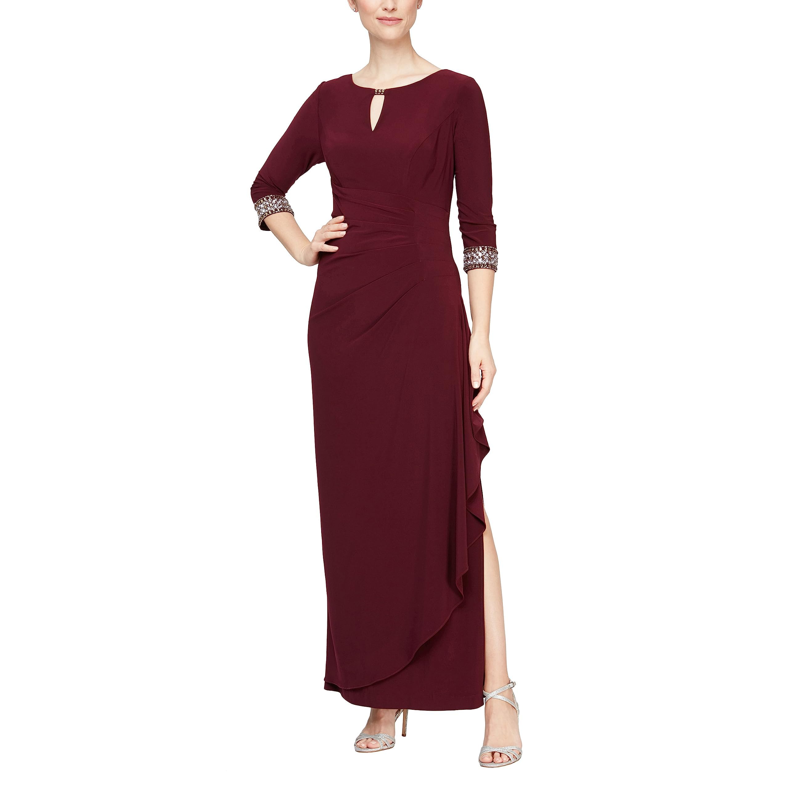 Long A-Line Dress with Embellished Sleeves and Neckline