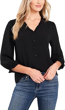 3/4 Sleeve Ruffled V-Neck Blouse