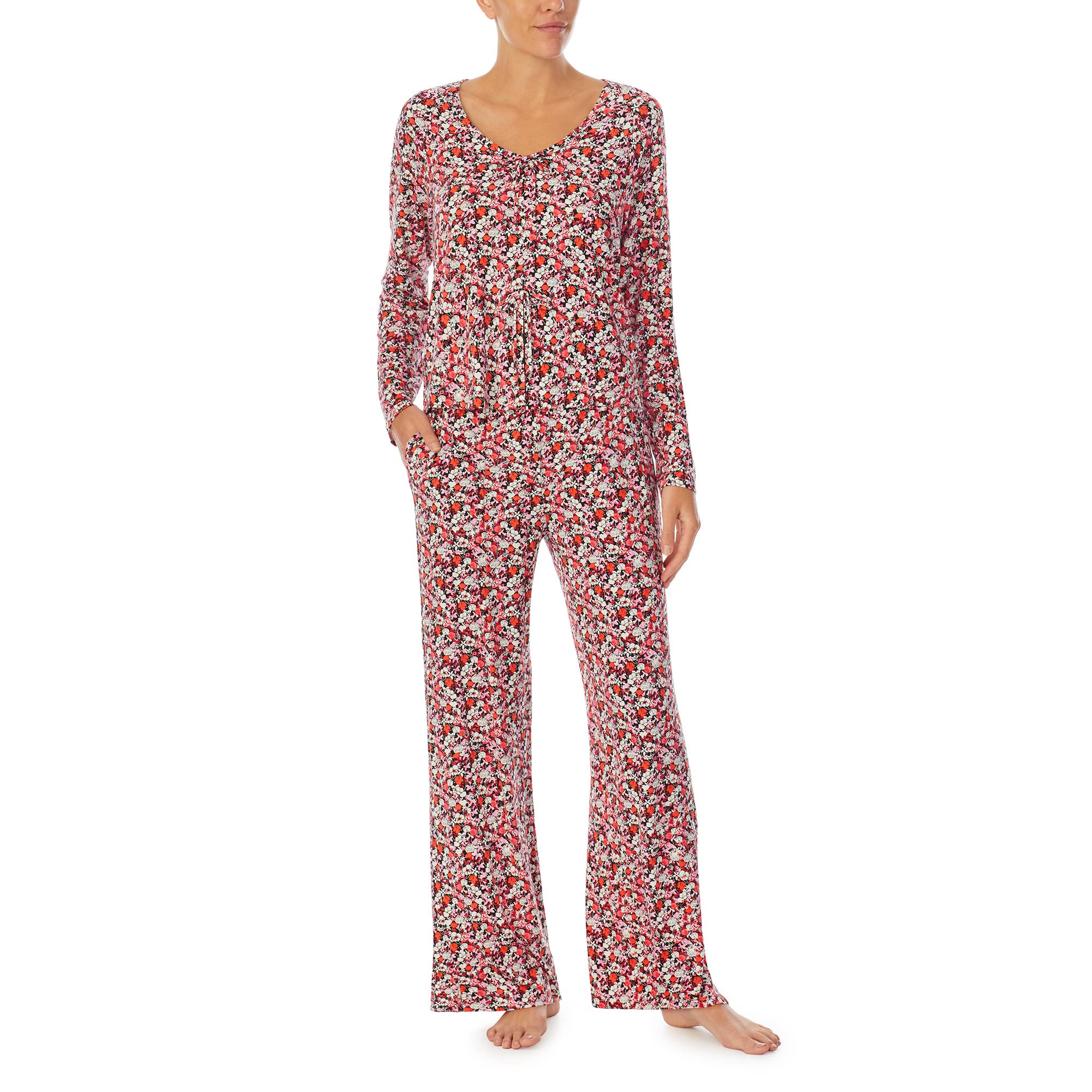 Faux Tie Long Sleeve Top and Side Slit Pants