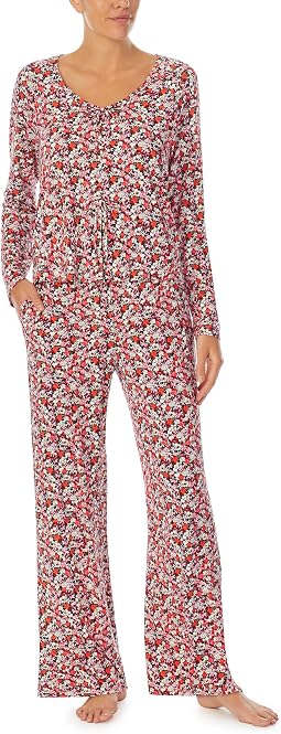 Faux Tie Long Sleeve Top and Side Slit Pants