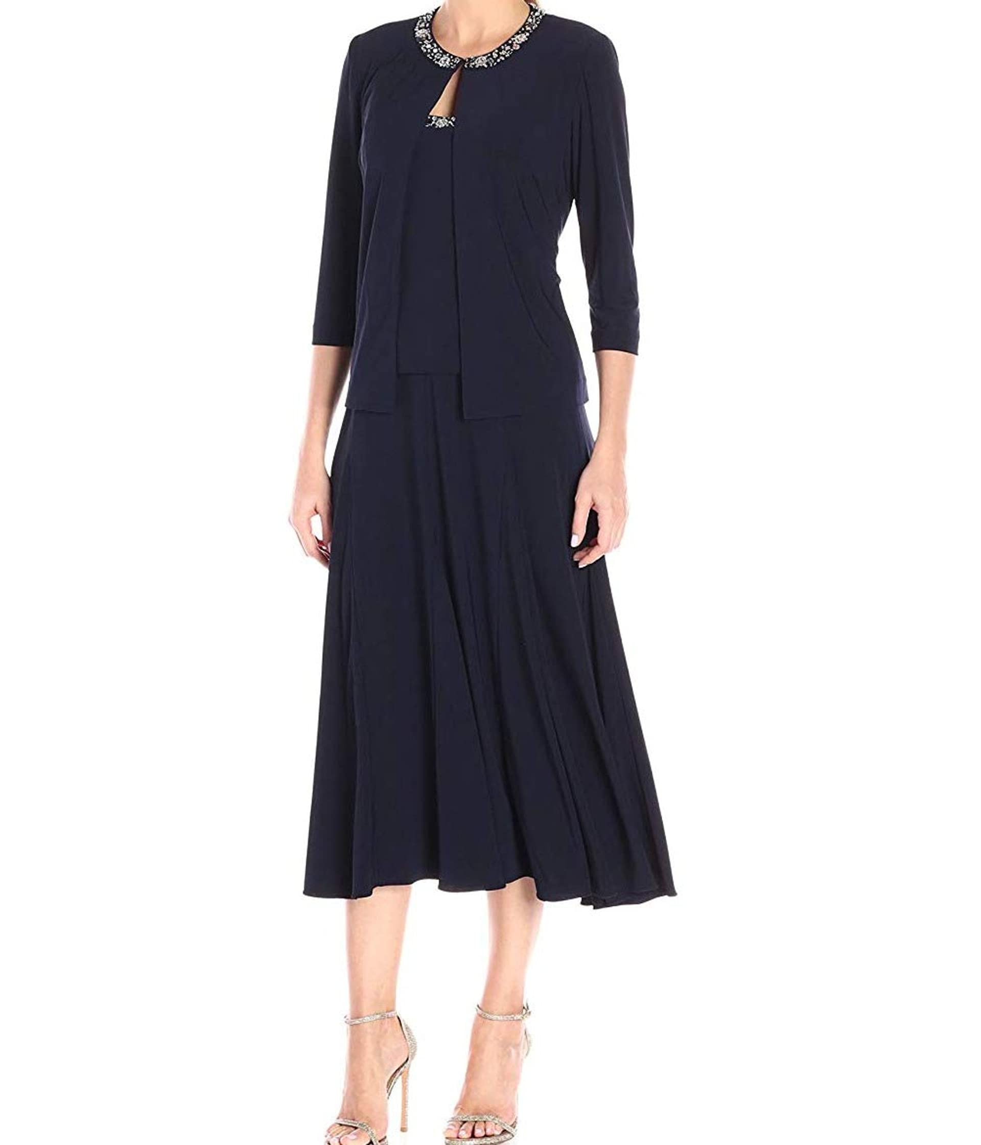 Women's 2 Piece Tea Length Jacket Dress with Sequin Beaded Trim