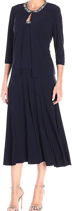 Women's 2 Piece Tea Length Jacket Dress with Sequin Beaded Trim