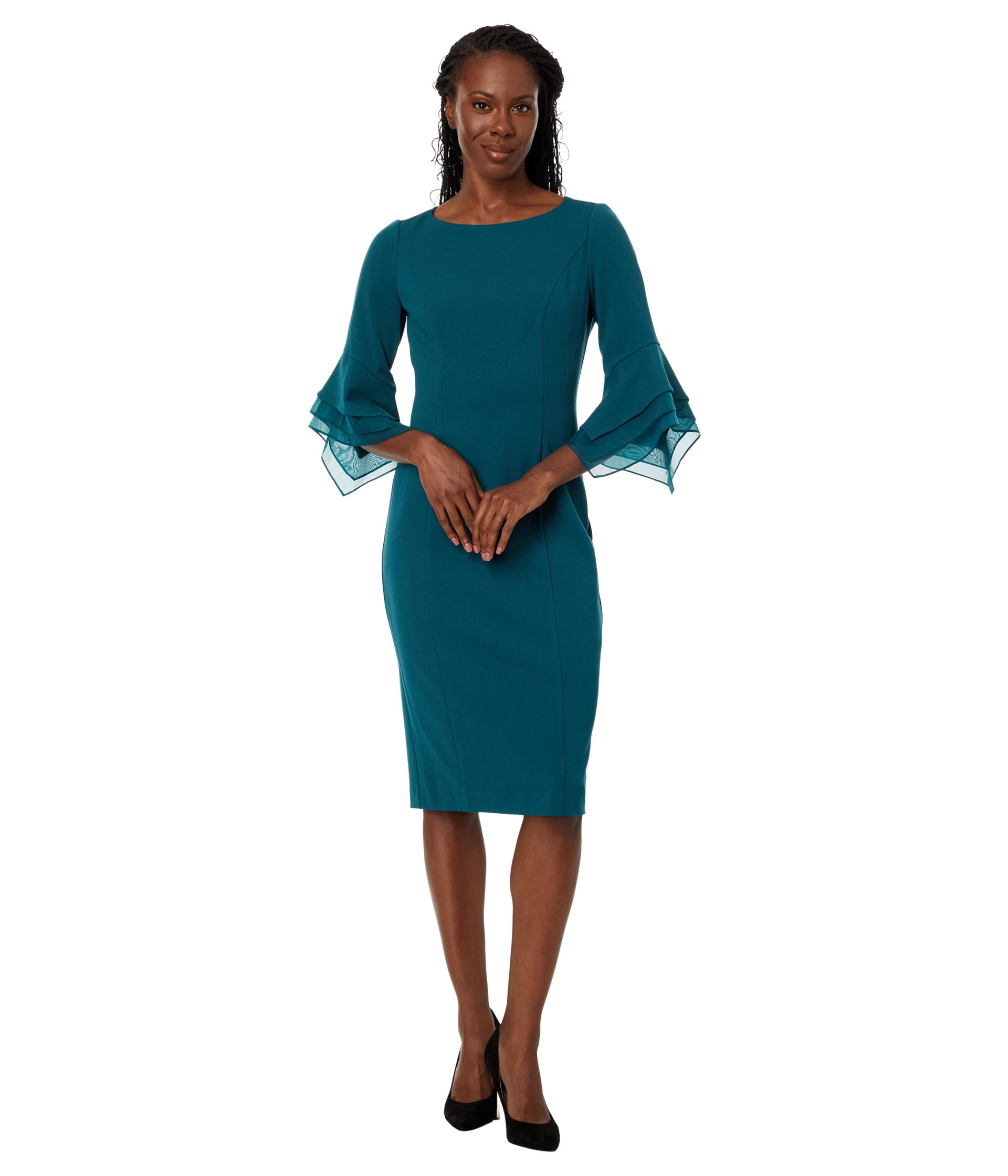 Платье-футляр Adrianna Papell Stretch Knit Crepe с рукавами Bell Organza