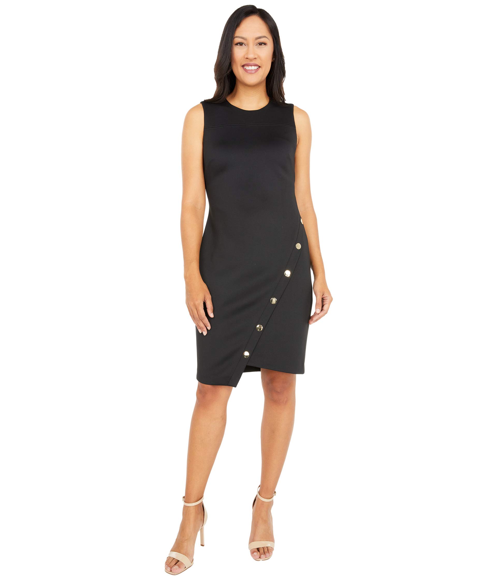 Scuba Asymmetrical Hem Sheath Dress w/ Snaps