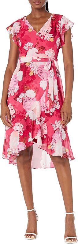 Printed Floral Chiffon Side Wrap Dress with Cascade Ruffle