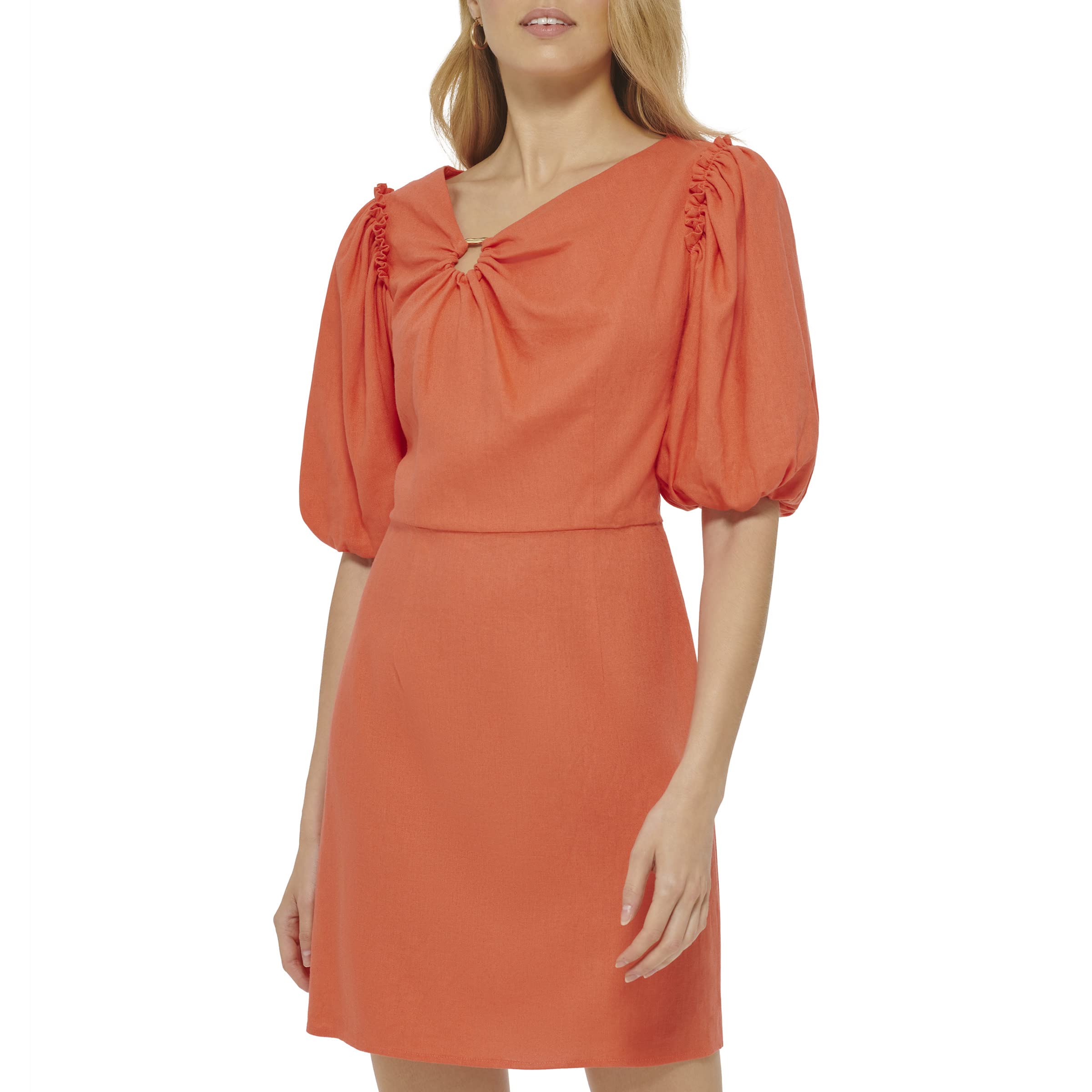 Short Sleeve Neck Ring Linen Midi Dress