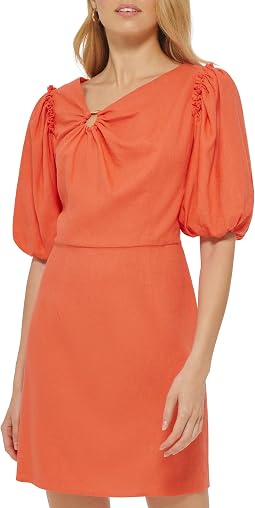 Платье миди DKNY из льна с коротким рукавом и воротником-кольцом