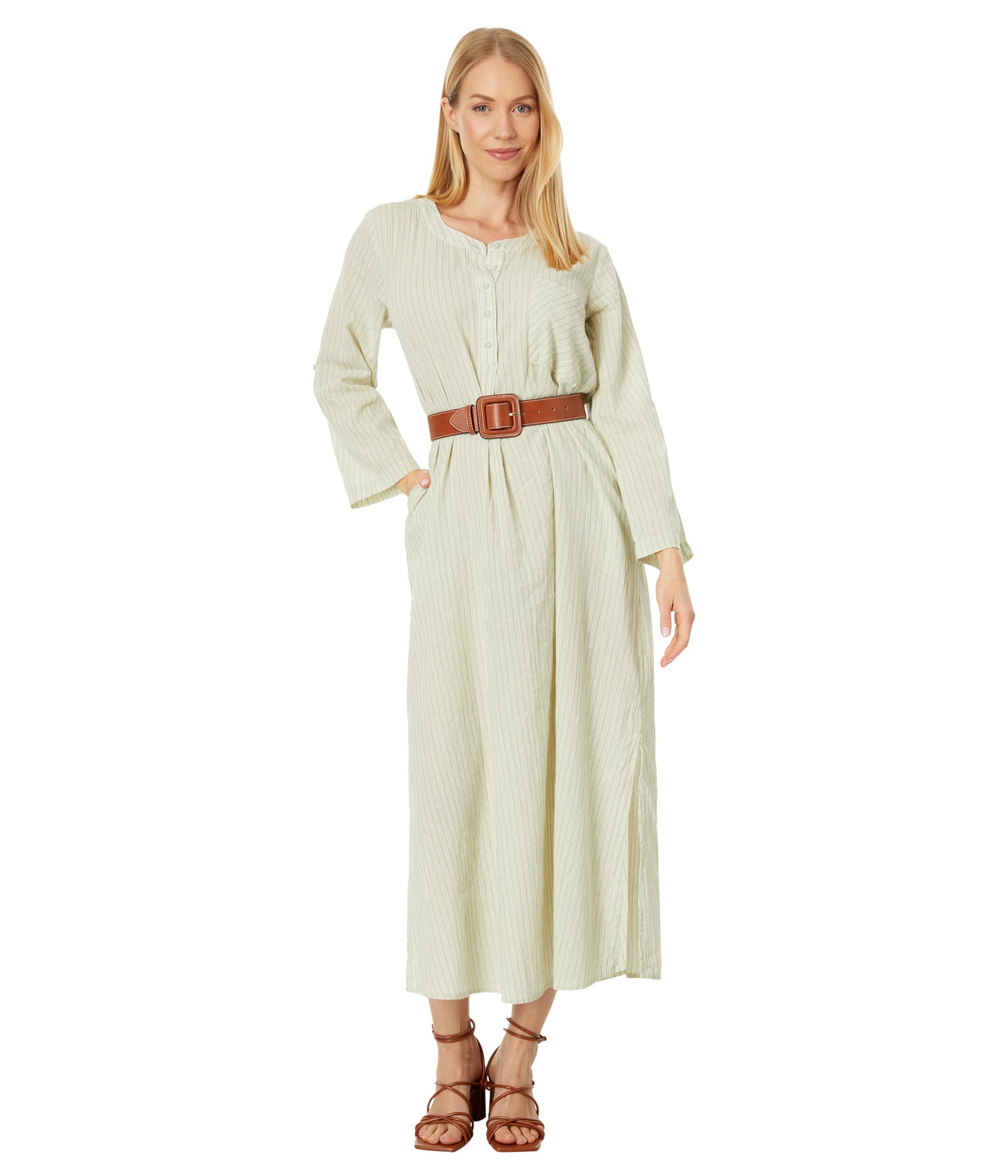 Mini Stripe Gauze Roll-Up Sleeve Henley Stripe Dress