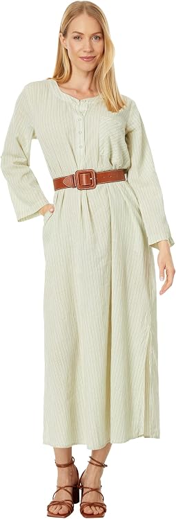 Mini Stripe Gauze Roll-Up Sleeve Henley Stripe Dress