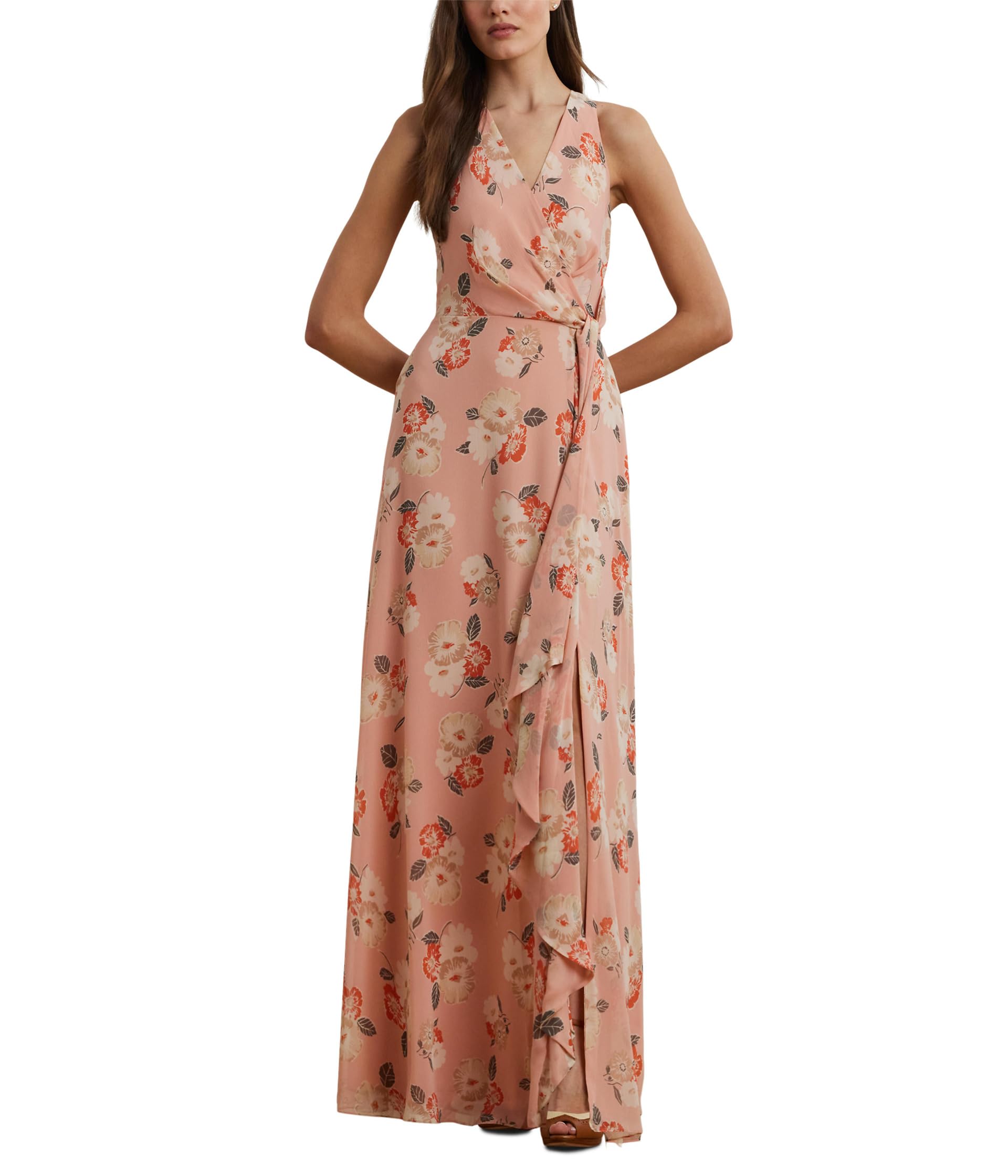 Floral Ruffle-Trim Georgette Gown
