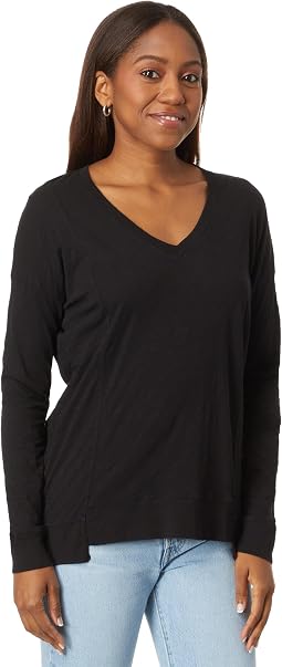 V-Neck Long Sleeve Princess Seam Rib Mix Tee Женский топ